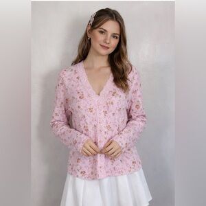 White Stag Pink Pastel Floral Feminine Lace Y2K Long Sleeve Cardigan Top Sz M